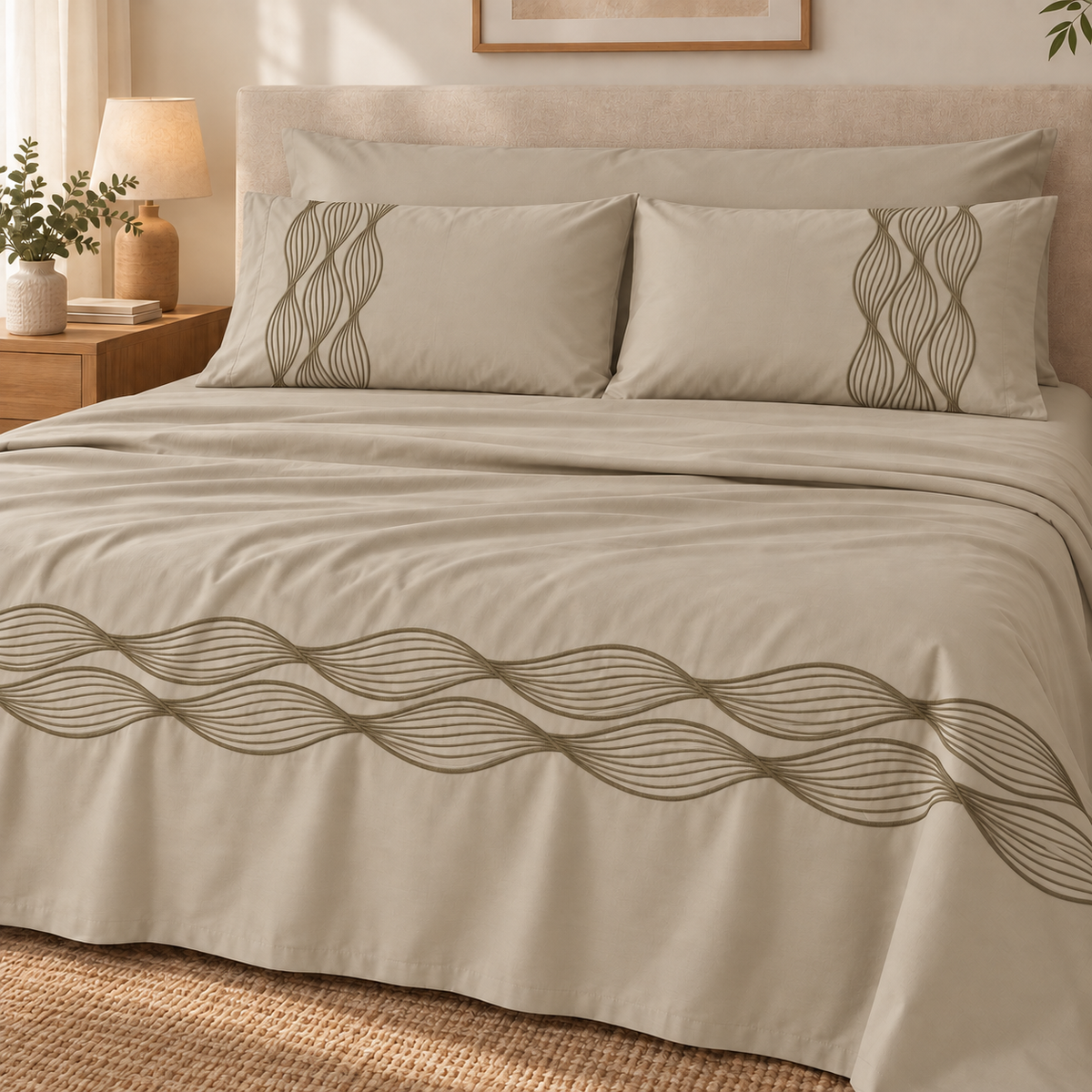 Percal flat sheet set — wave embroidery — light cafe — 4 pieces — product image 2
