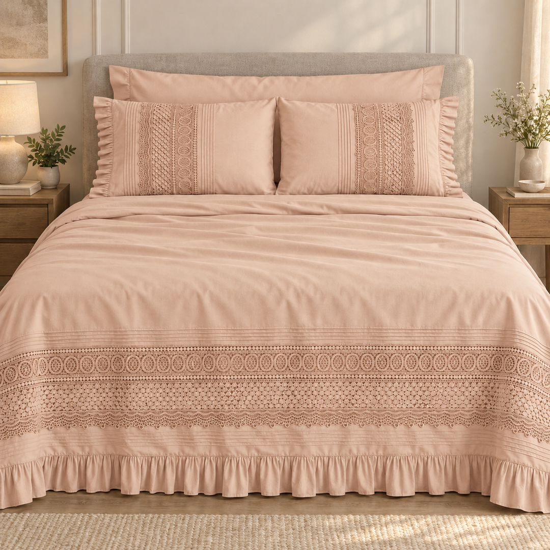 Percal Flat Sheet Set — Cut-Out Lace & Ruffled Edges — 4 Pieces — product image 2