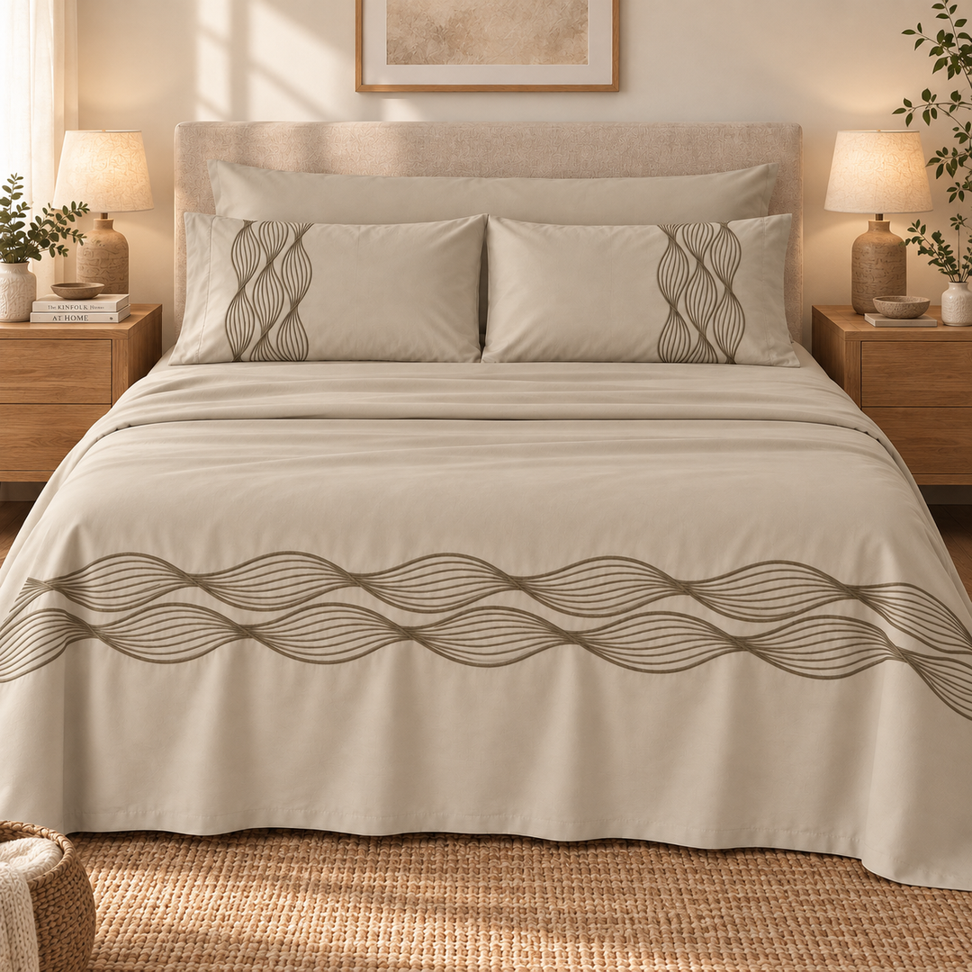 Percal Flat Sheet Set — Wave Embroidery — Light Cafe — 4 Pieces — product image 1