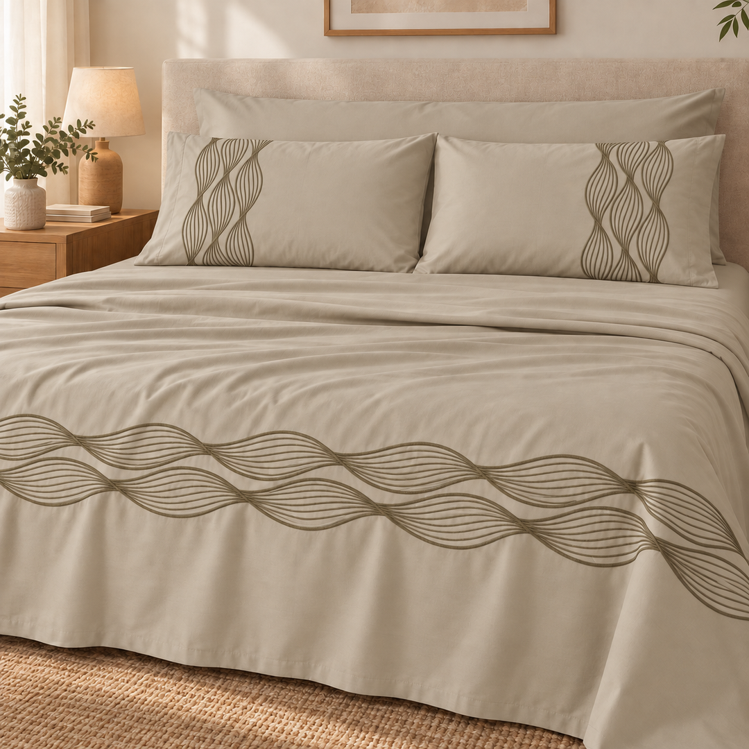 Percal Flat Sheet Set — Wave Embroidery — Light Cafe — 4 Pieces — product image 2