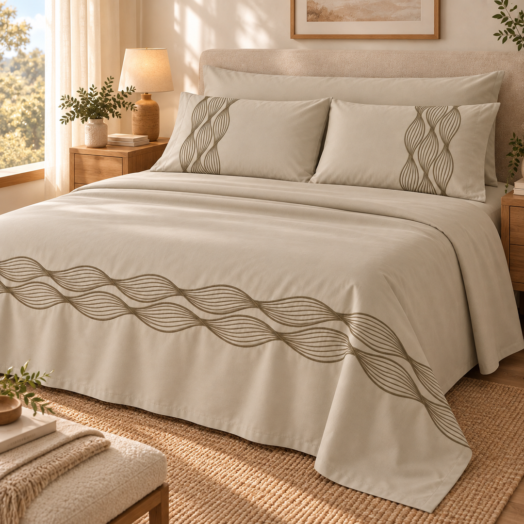 Percal Flat Sheet Set — Wave Embroidery — Light Cafe — 4 Pieces — product image 5