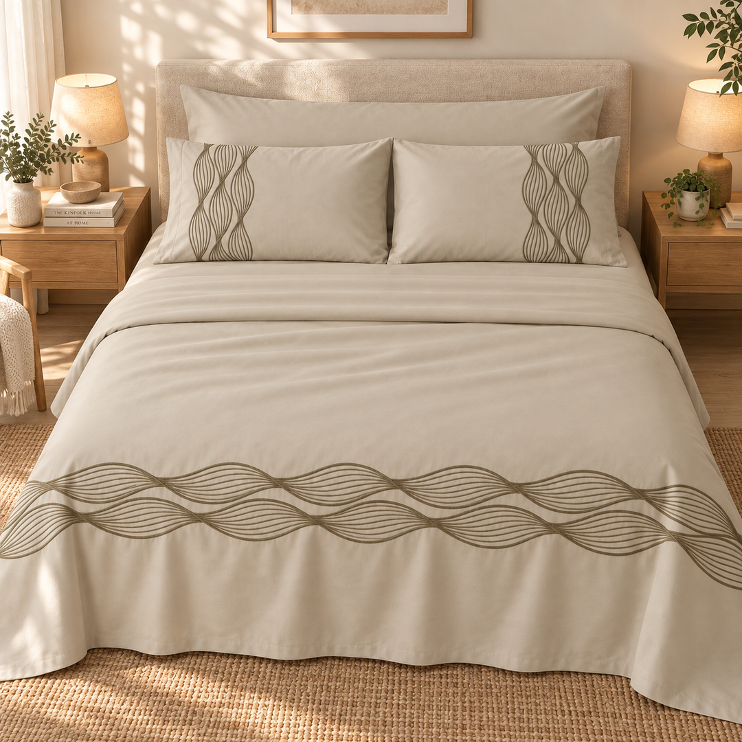Percal Flat Sheet Set — Wave Embroidery — Light Cafe — 4 Pieces — product image 4