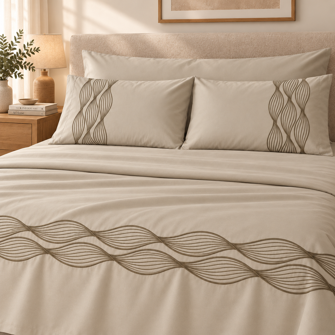 Percal Flat Sheet Set — Wave Embroidery — Light Cafe — 4 Pieces — product image 3