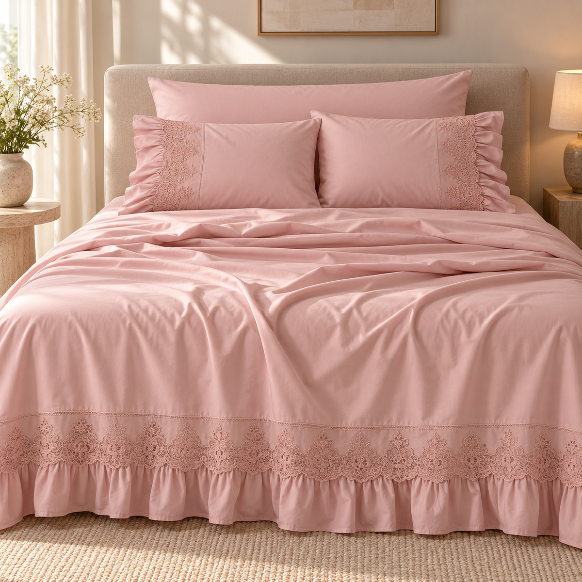 Percal flat sheet set — tonal raised embroidery — pink — 4 pieces — product image 1