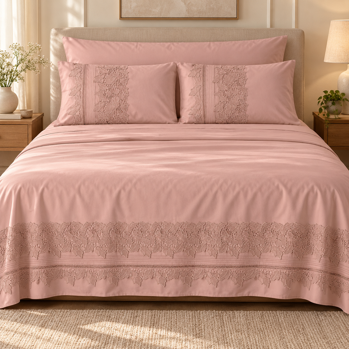 Percal flat sheet set — tonal raised embroidery — light cashmere — 4 pieces — product image 1