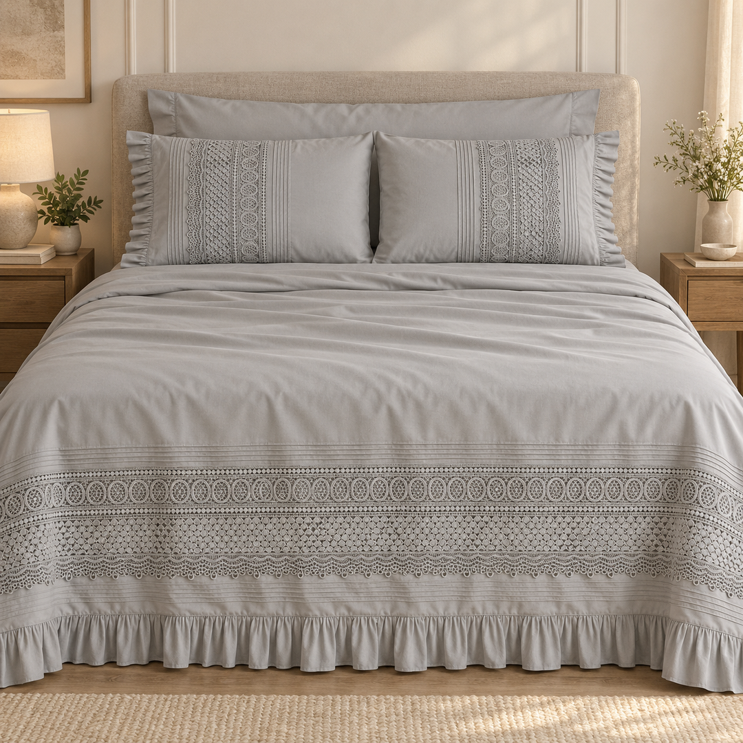 Percal Flat Sheet Set — Cut-Out Lace & Ruffled Edges — 4 Pieces — product image 1