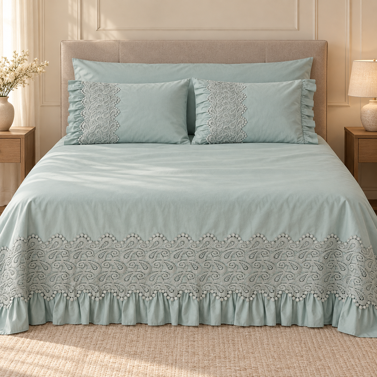 Percal flat sheet set — edge embroidery — mint green — 4 pieces — product image 1