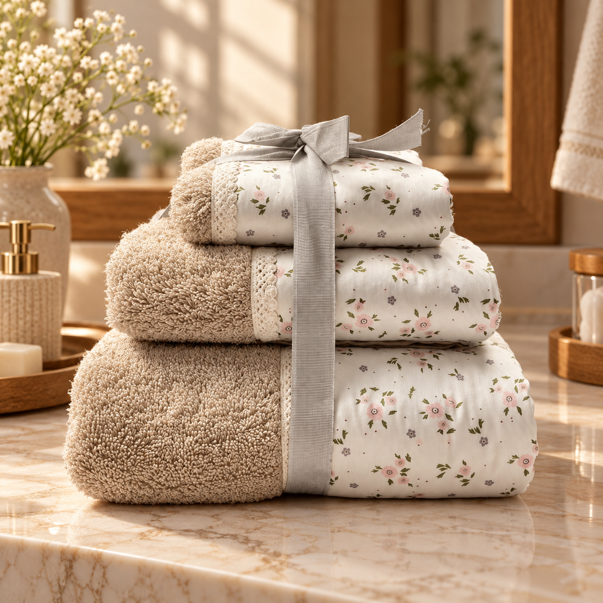 Klawdia three piece floral border towel set — cafe variation