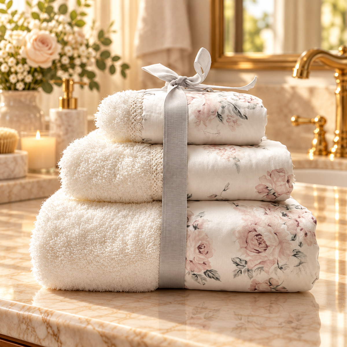 Klawdia three piece floral border towel set — white variation
