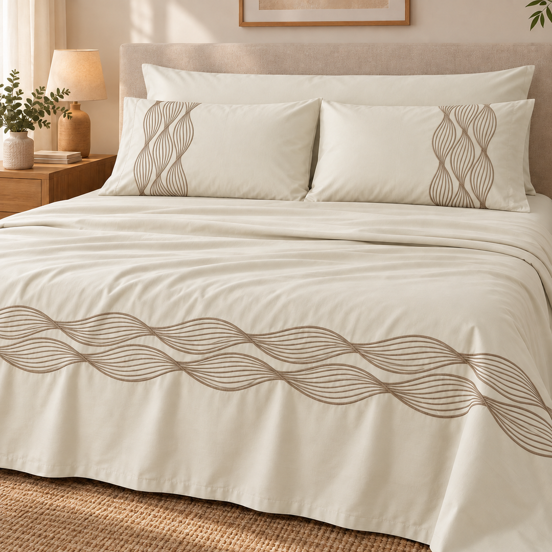 Percal Flat Sheet Set — Wave Embroidery — Light Beige — 4 Pieces — product image 5