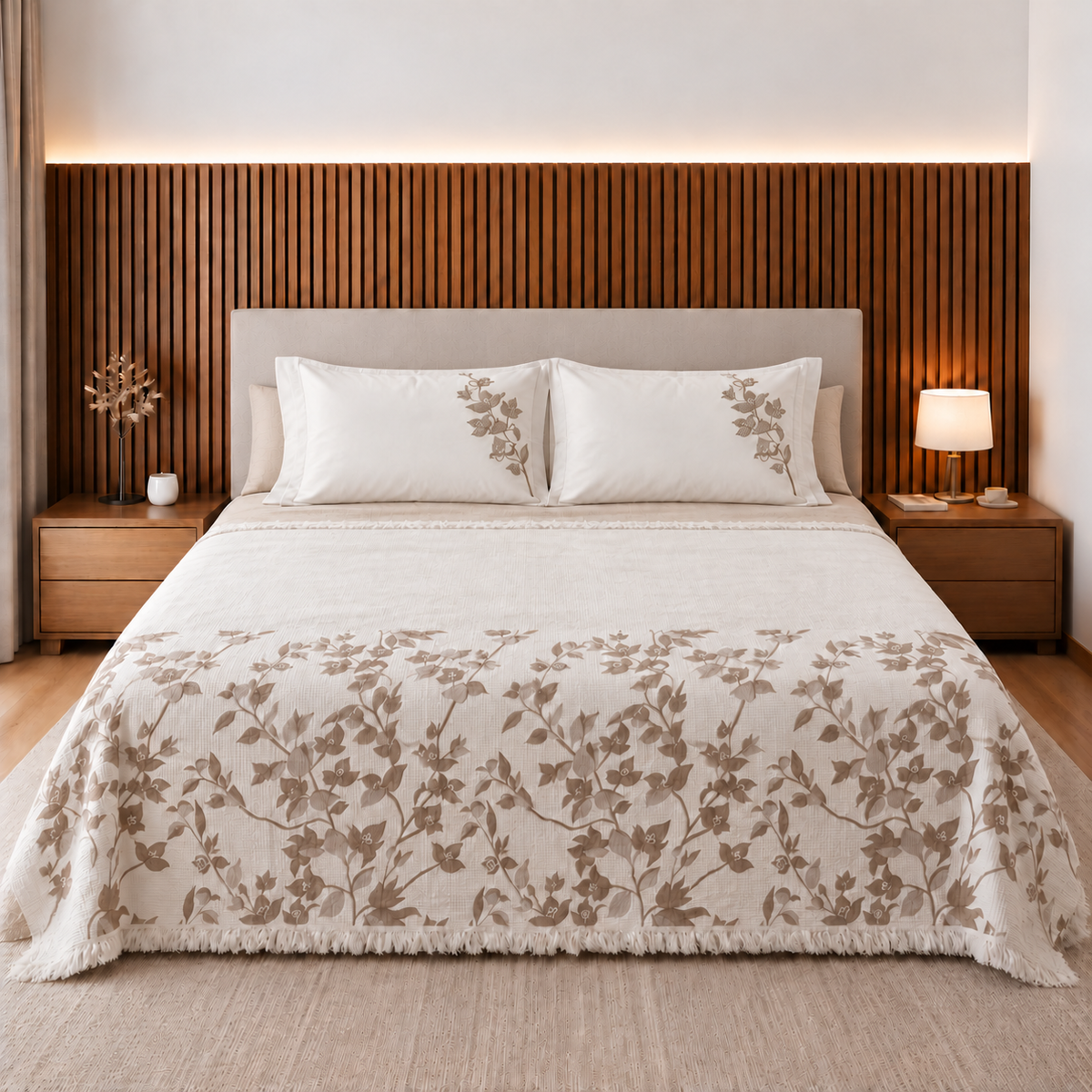 Mancel five piece bed cover and flat sheet set — cafe colour