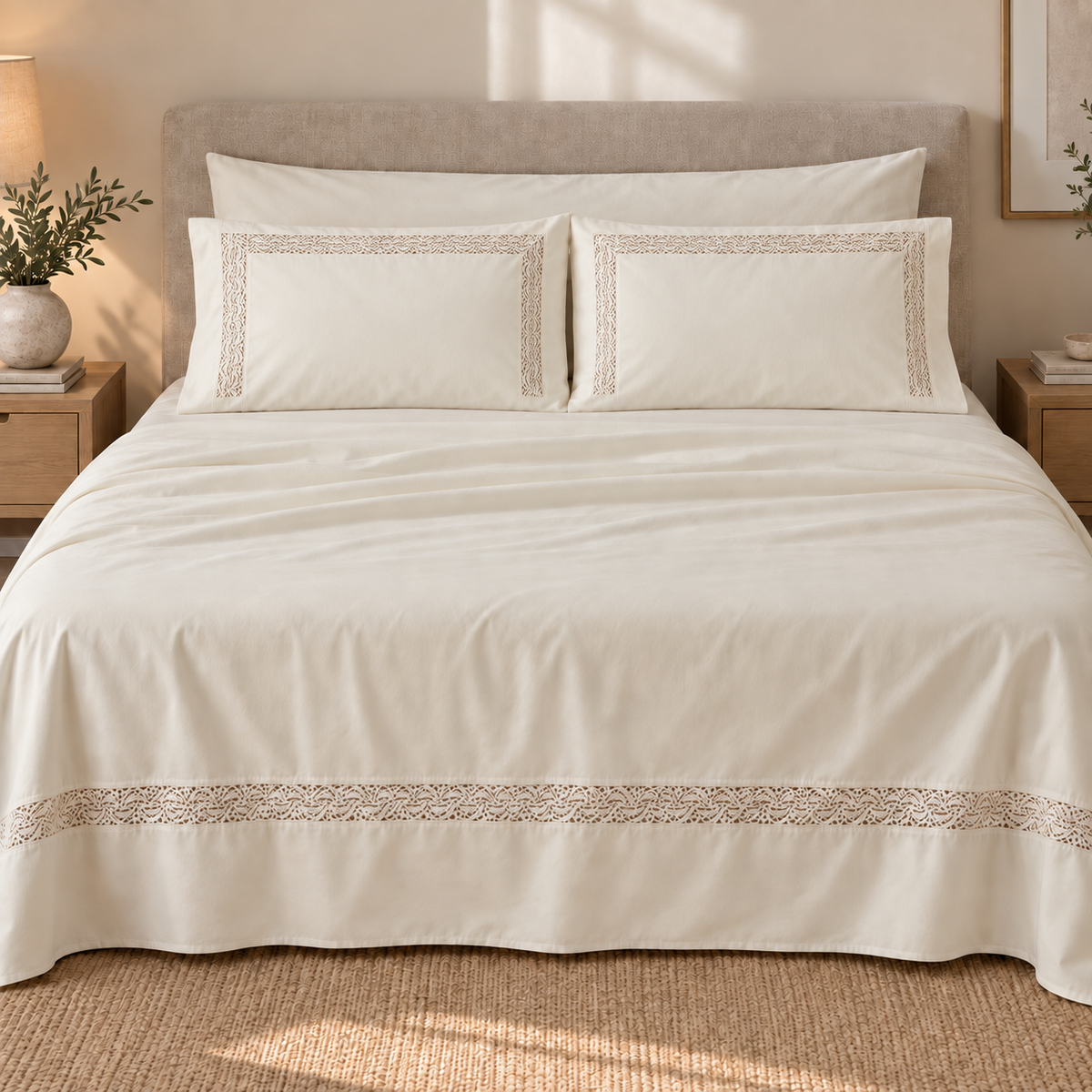 Percal flat sheet set — guipure lace — 4 pieces — product image 1