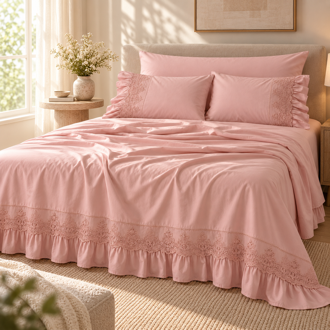 Percal Flat Sheet Set — Tonal Raised Embroidery — Pink — 4 Pieces — product image 5