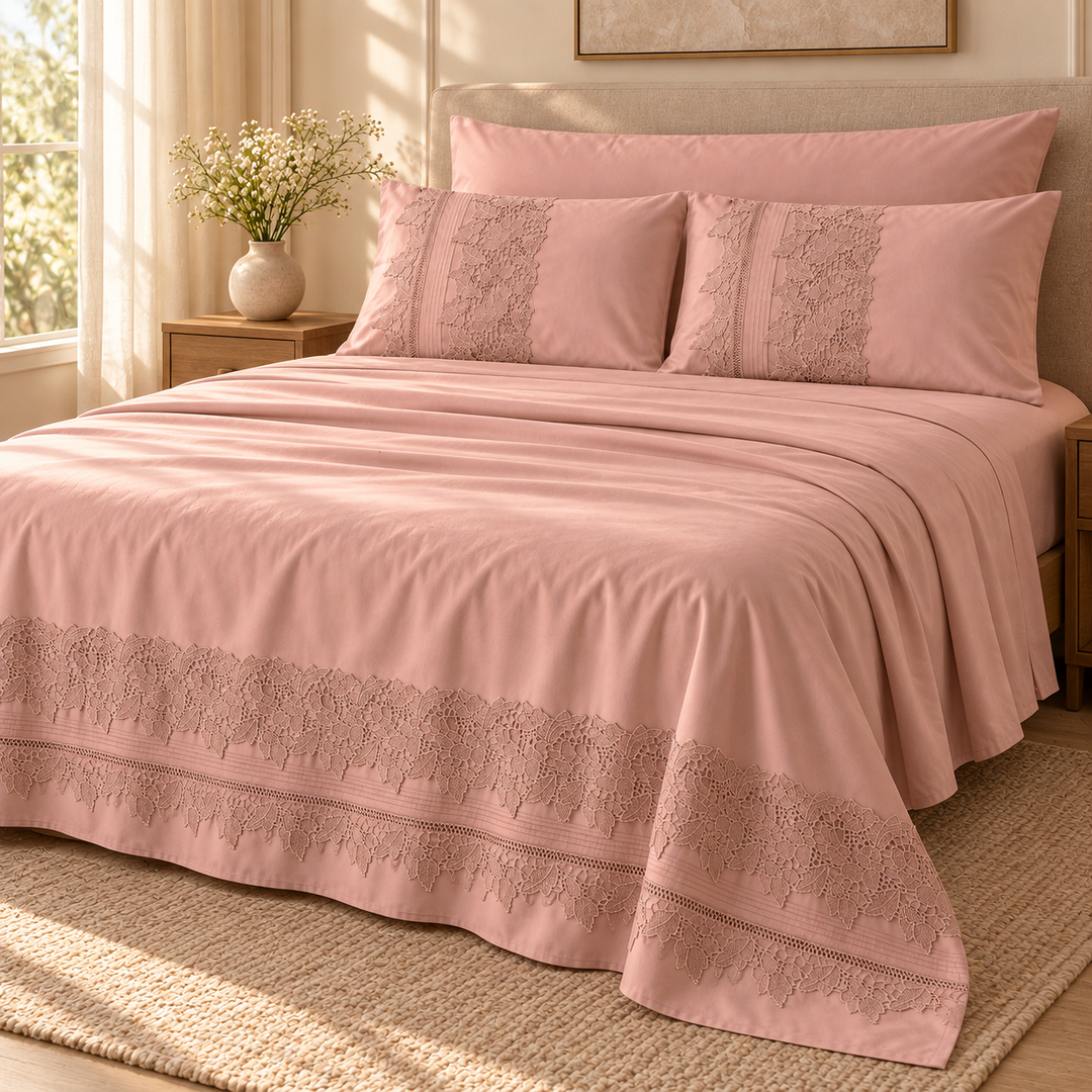 Percal Flat Sheet Set — Tonal Raised Embroidery — Light Cashmere — 4 Pieces — product image 4