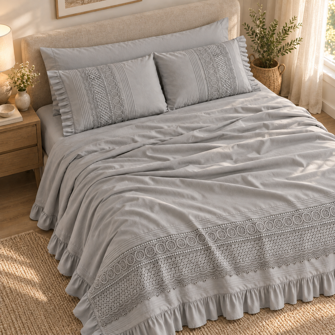 Percal Flat Sheet Set — Cut-Out Lace & Ruffled Edges — 4 Pieces — product image 4