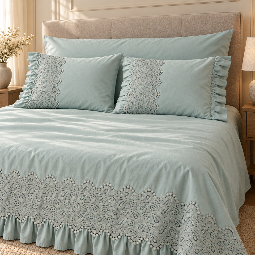 Percal Flat Sheet Set — Edge Embroidery — Mint Green — 4 Pieces — product image 3