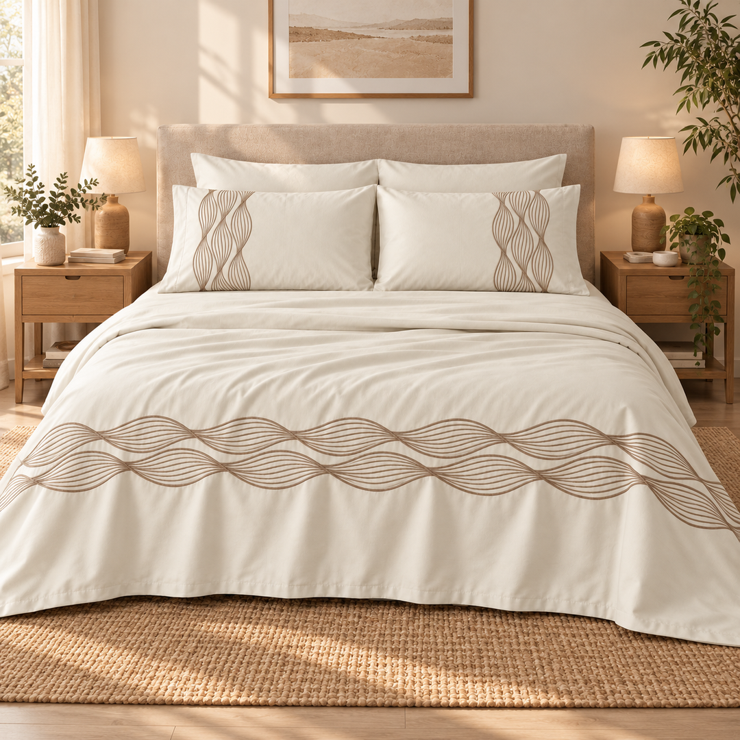 Percal Flat Sheet Set — Wave Embroidery — Light Beige — 4 Pieces — product image 1
