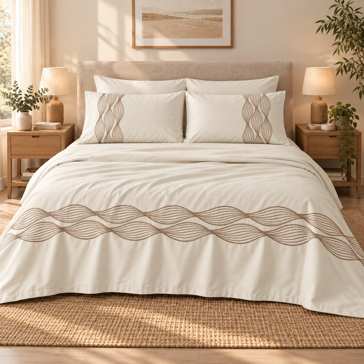 Percal flat sheet set — wave embroidery — light beige — 4 pieces — product image 1