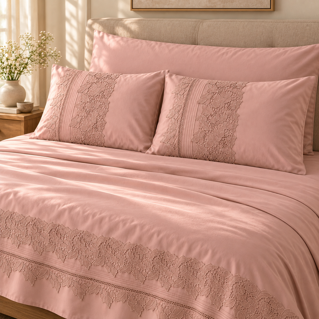 Percal Flat Sheet Set — Tonal Raised Embroidery — Light Cashmere — 4 Pieces — product image 3