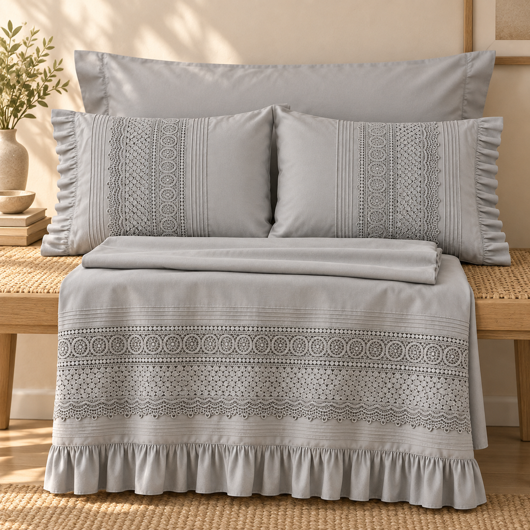 Percal Flat Sheet Set — Cut-Out Lace & Ruffled Edges — 4 Pieces — product image 5