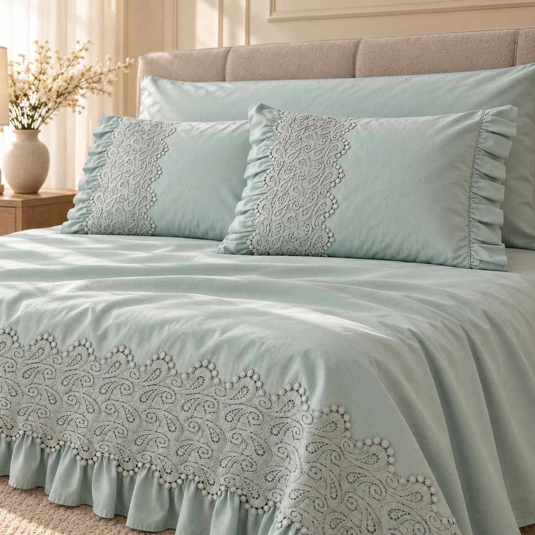 Percal Flat Sheet Set — Edge Embroidery — Mint Green — 4 Pieces — product image 2