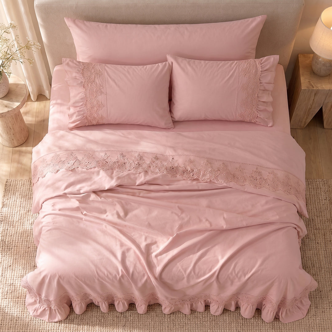 Percal Flat Sheet Set — Tonal Raised Embroidery — Pink — 4 Pieces — product image 4
