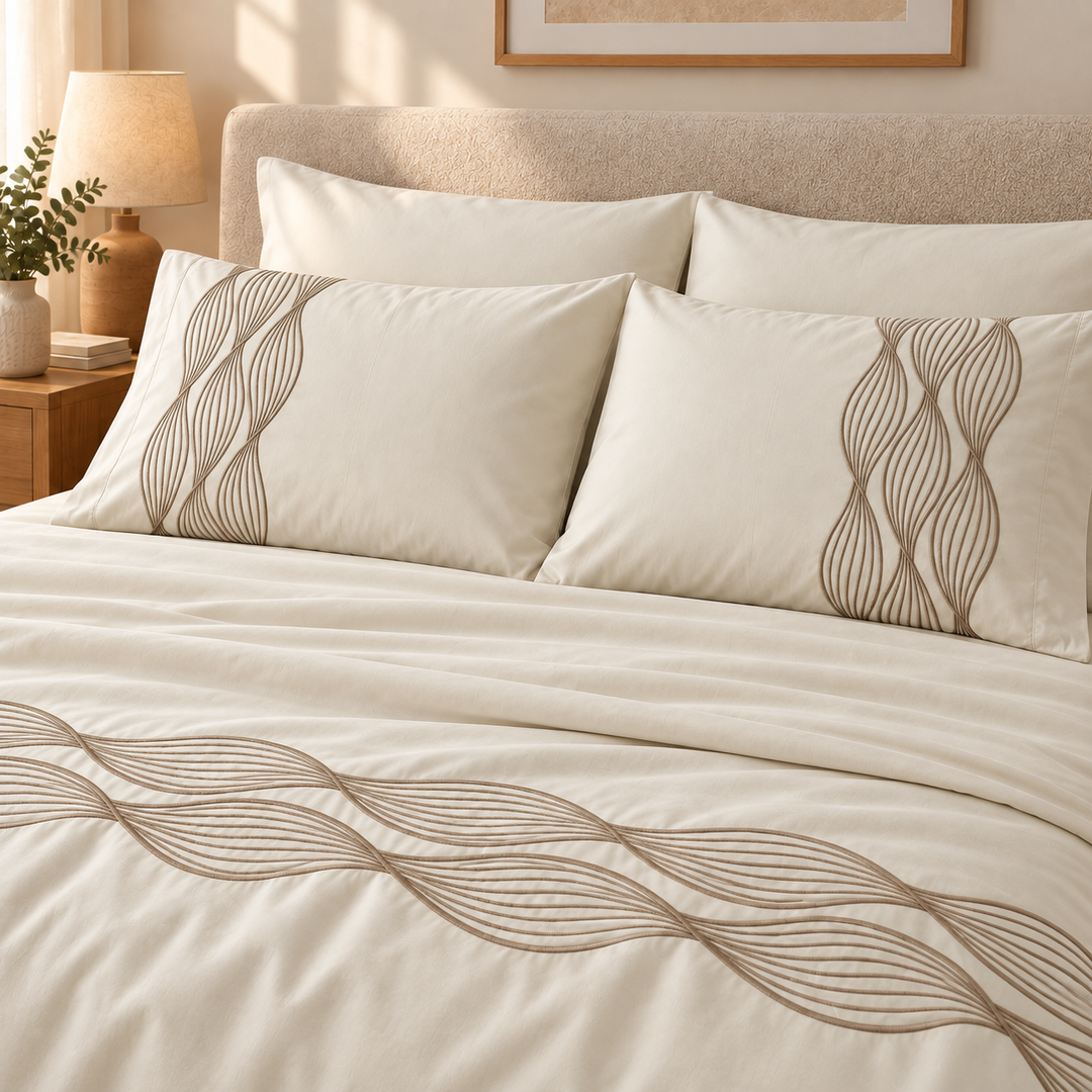 Percal Flat Sheet Set — Wave Embroidery — Light Beige — 4 Pieces — product image 4