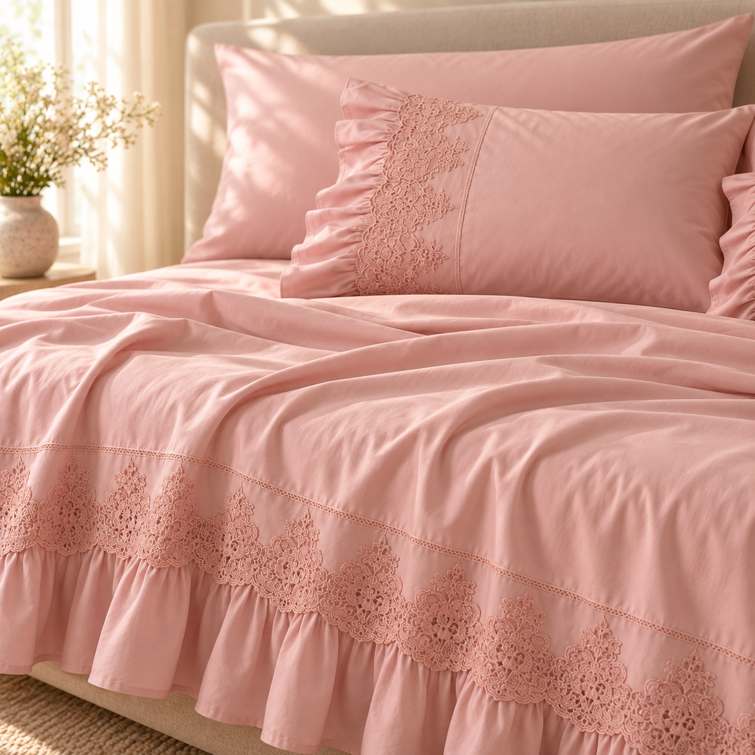 Percal Flat Sheet Set — Tonal Raised Embroidery — Pink — 4 Pieces — product image 3