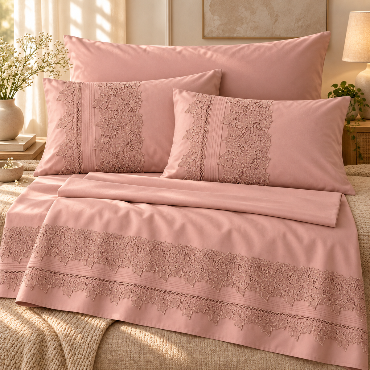 Percal flat sheet set — tonal raised embroidery — light cashmere — 4 pieces — product image 2