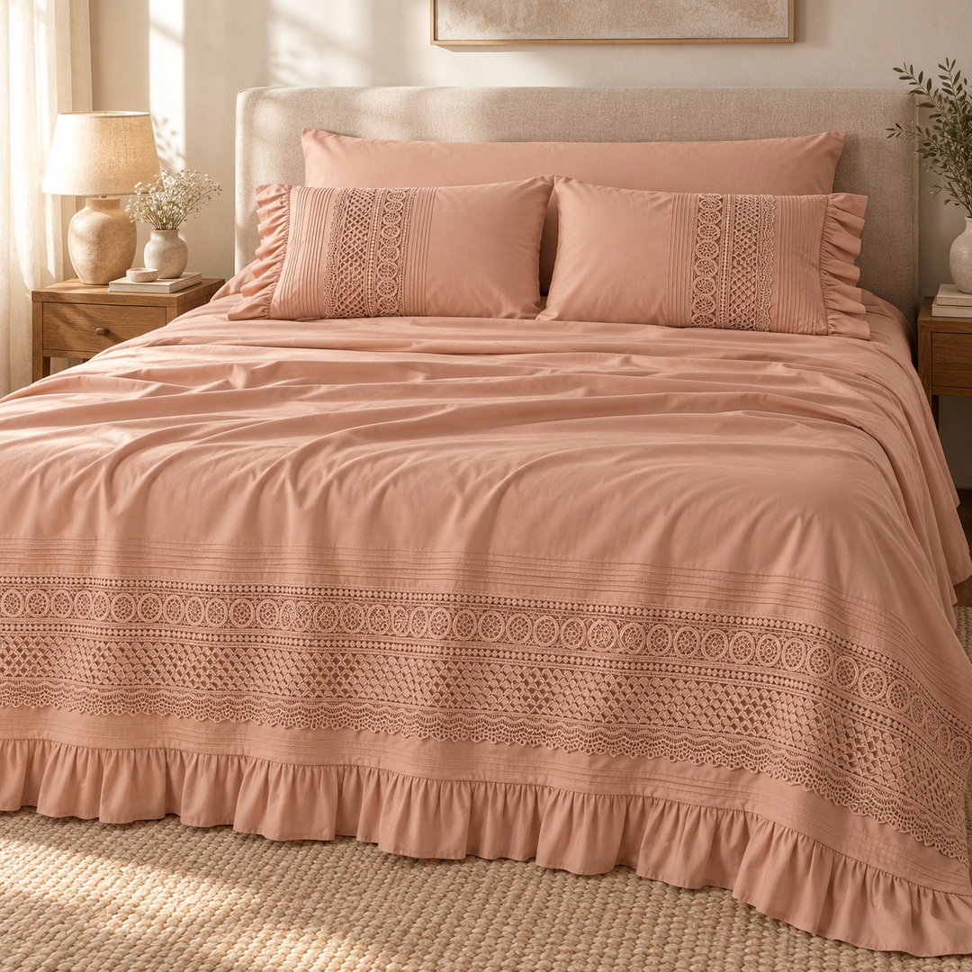 Percal Flat Sheet Set — Cut-Out Lace & Ruffled Edges — 4 Pieces — product image 13