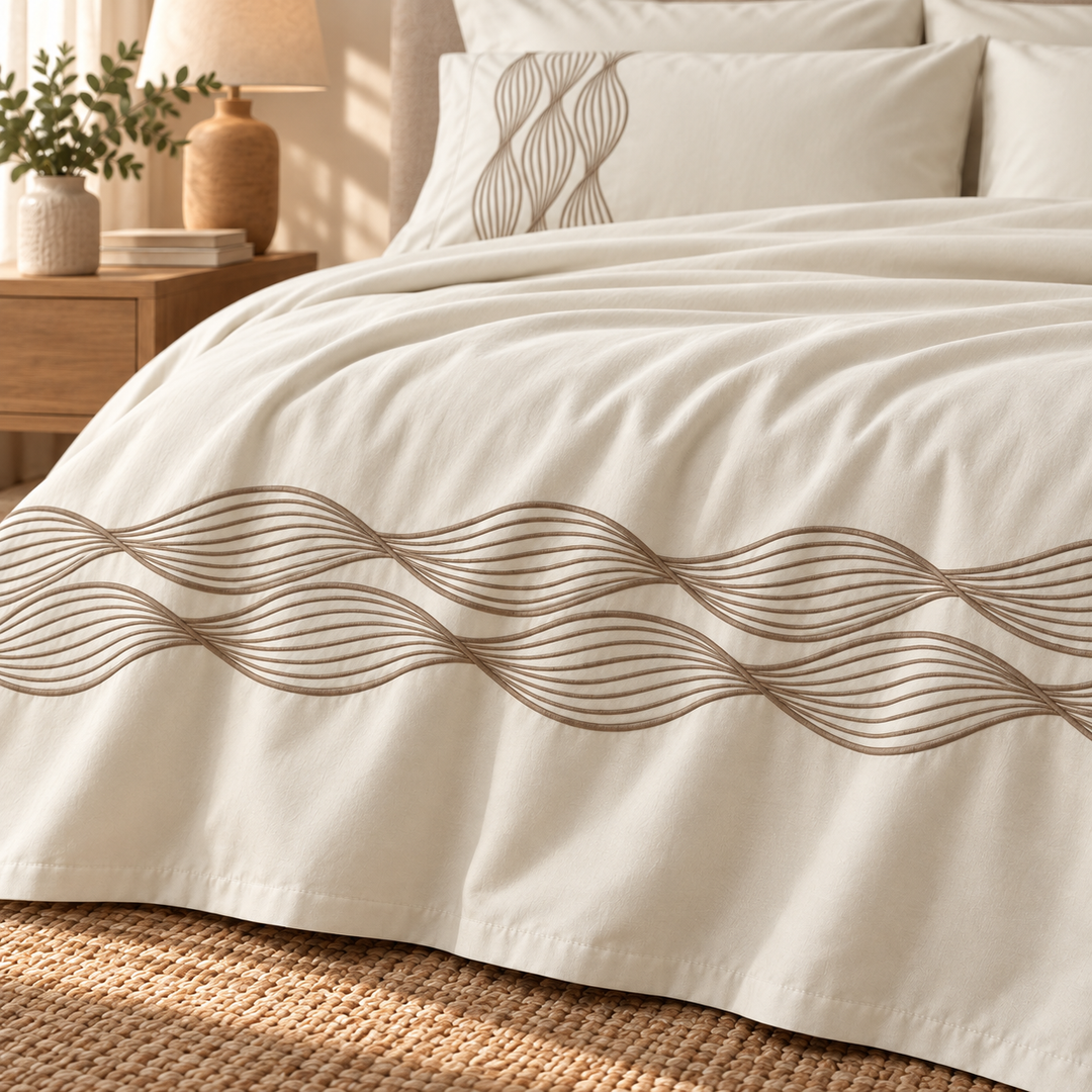 Percal Flat Sheet Set — Wave Embroidery — Light Beige — 4 Pieces — product image 3