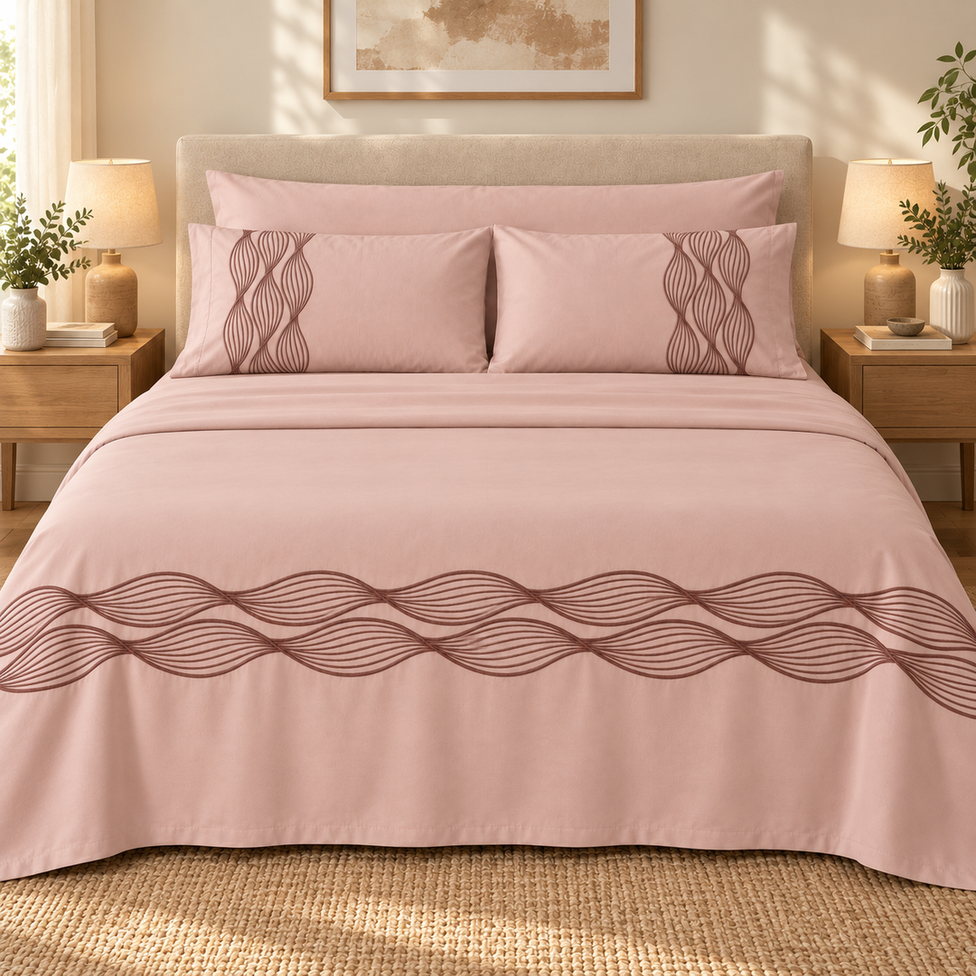 Percal Flat Sheet Set — Wave Embroidery — Light Mauve — 4 Pieces — product image 1