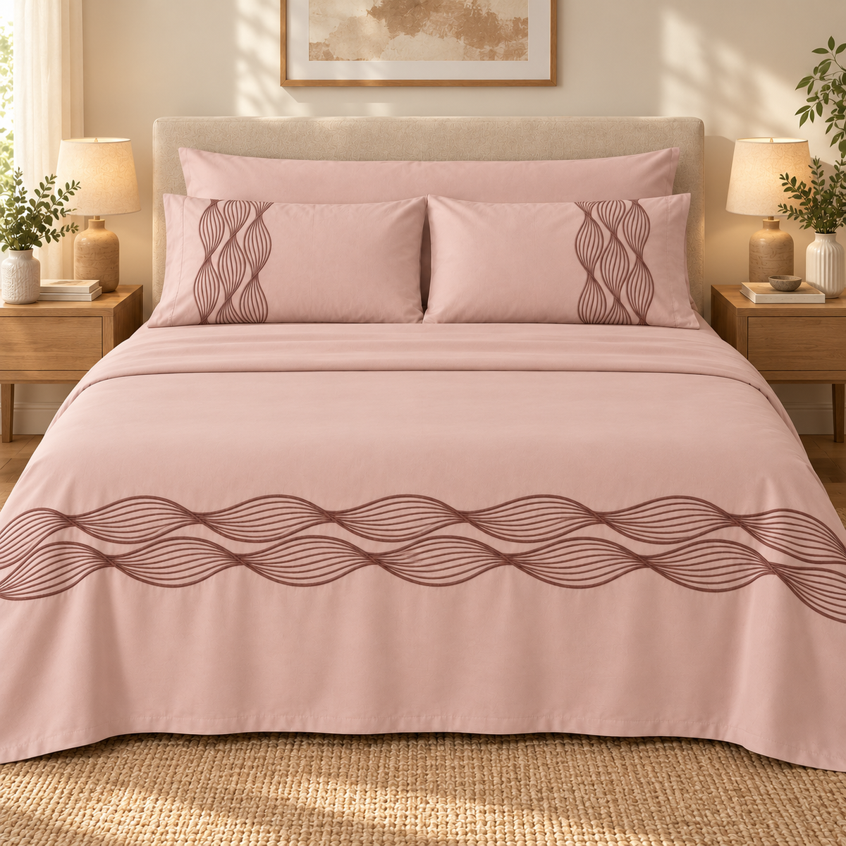 Percal flat sheet set — wave embroidery — light mauve — 4 pieces — product image 1