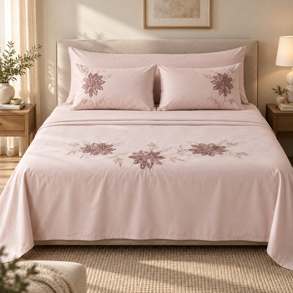 Percal flat sheet set — rose embroidery — 4 pieces — product image 1