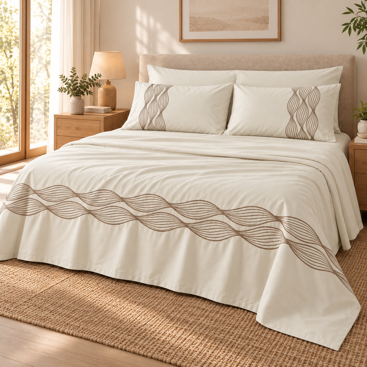 Percal flat sheet set — wave embroidery — light beige — 4 pieces — product image 2