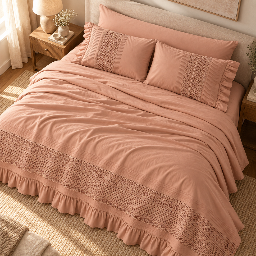Percal Flat Sheet Set — Cut-Out Lace & Ruffled Edges — 4 Pieces — product image 10