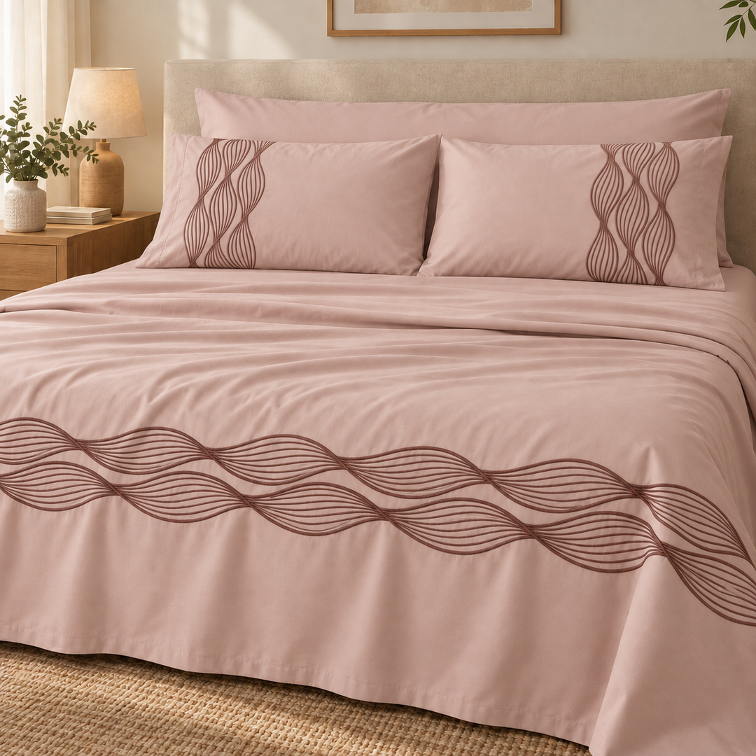 Percal Flat Sheet Set — Wave Embroidery — Light Mauve — 4 Pieces — product image 5