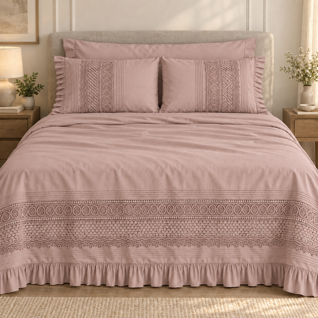 Percal Flat Sheet Set — Cut-Out Lace & Ruffled Edges — 4 Pieces — product image 3