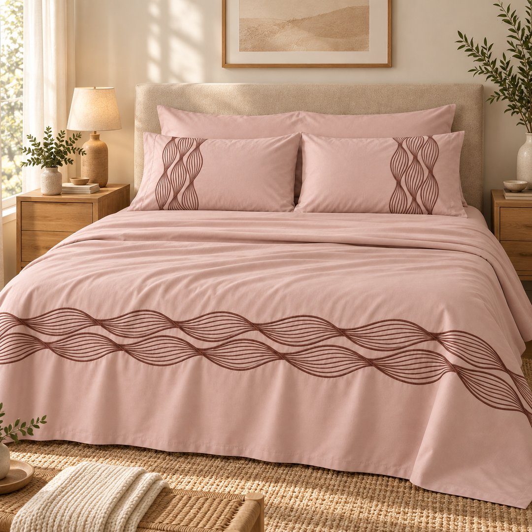 Percal Flat Sheet Set — Wave Embroidery — Light Mauve — 4 Pieces — product image 4