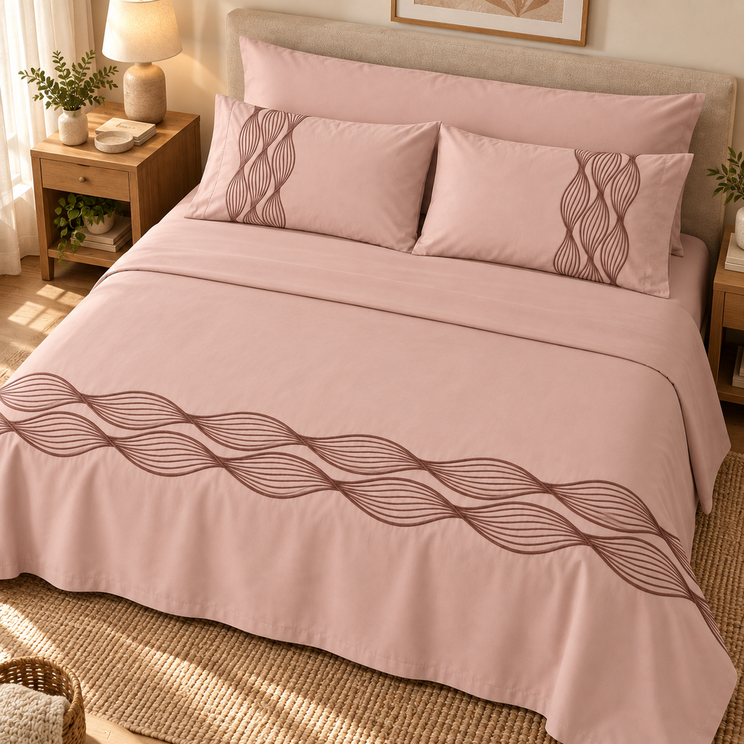 Percal Flat Sheet Set — Wave Embroidery — Light Mauve — 4 Pieces — product image 8