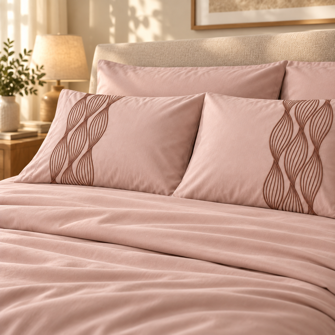 Percal Flat Sheet Set — Wave Embroidery — Light Mauve — 4 Pieces — product image 3