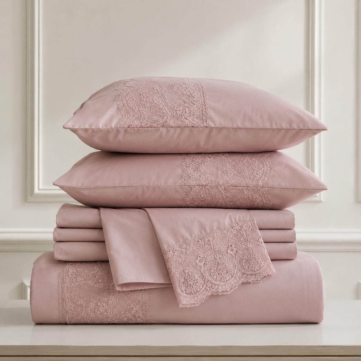 Light mauve 100% cotton percale sheet set lace detail